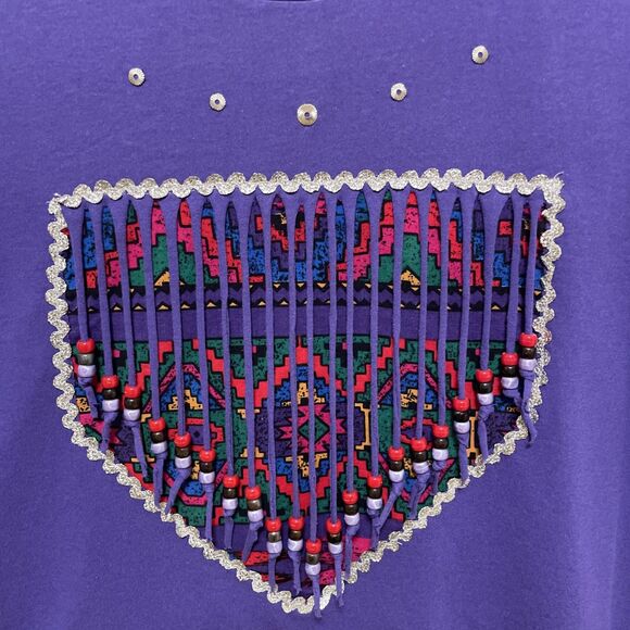 Vintage Handmade Southwest Tassel Beaded Top Purple Cowgirl Single Stitch USA L - Picture 2 of 6